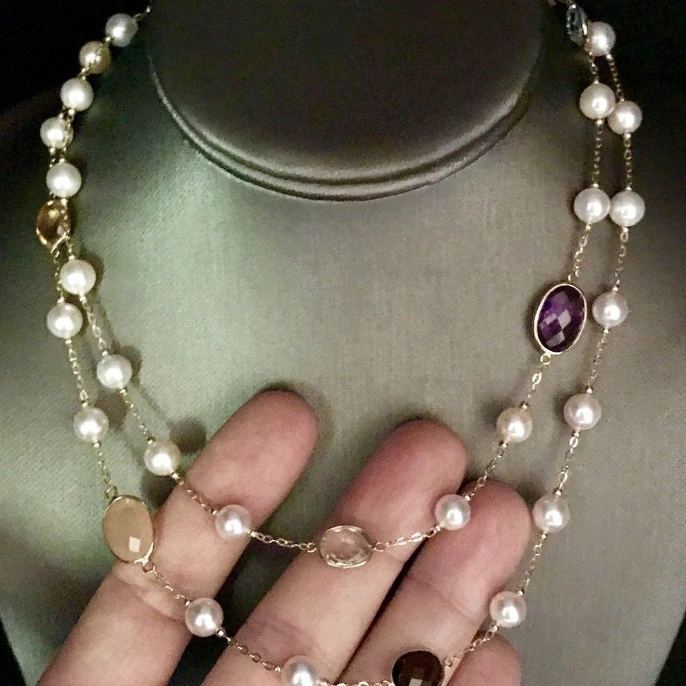Pearl Quartz Topaz Necklace 14k Gold 7.5 mm 35.75" Italy Certified $3,490 820429